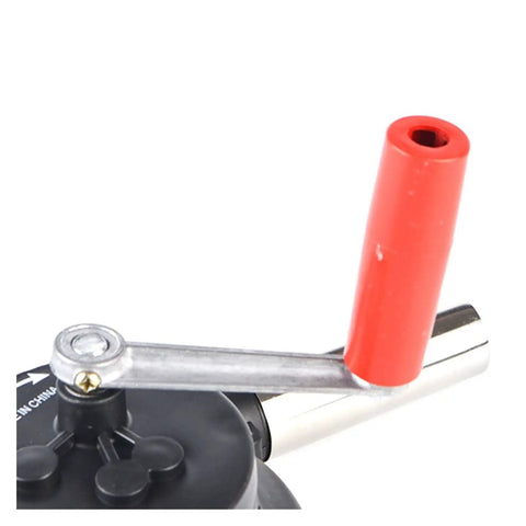 Close-up of Portable Manual Hand Crank Air Blower's metal handle and crank for easy grip use while camping.
