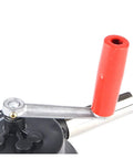 Straight Up Tough Compact Hand Crank Air Blower Portable Steel Fire Bellows handle detail with red grip for BBQ use.