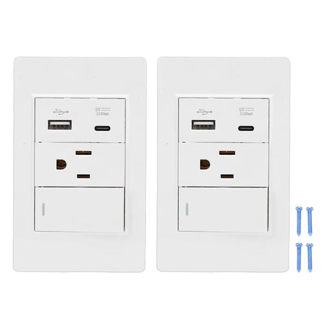 Double Pack Wall Outlet Receptacle With Single Toggle Switch, 15 Amp Three Prong Ac Socket And Snazzy 10 Watt Usb C Charging Port, Nifty Room Upgrade For Your Home Or Office Space - Dual white outlets with USB ports and screws.