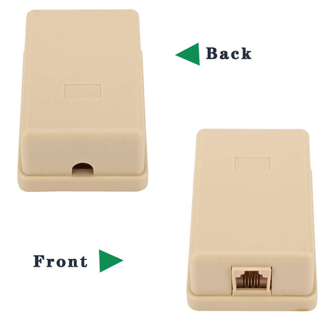 No Fuss Surface Mount Phone Jack Single Port With Four Internal Screw Terminals RJ11 6P4C Female Wall Plate Ivory Two Pack view of front and back