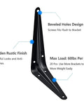 Beefy Heavy Duty Black Metal Shelf Brackets with beveled holes and rustic finish, 6x5 inch L shape for 60 lbs load support.
