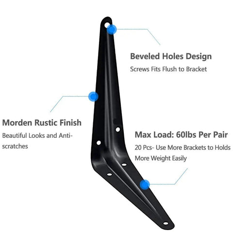 Beefy Heavy Duty Black Metal Shelf Brackets with beveled holes and rustic finish, 6x5 inch L shape for 60 lbs load support.