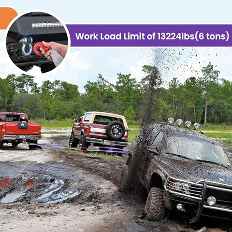 Lifting slings with hooks, polyester bridle, 3.3 ft length, 4,409 lb capacity; muddy off-road recovery scene