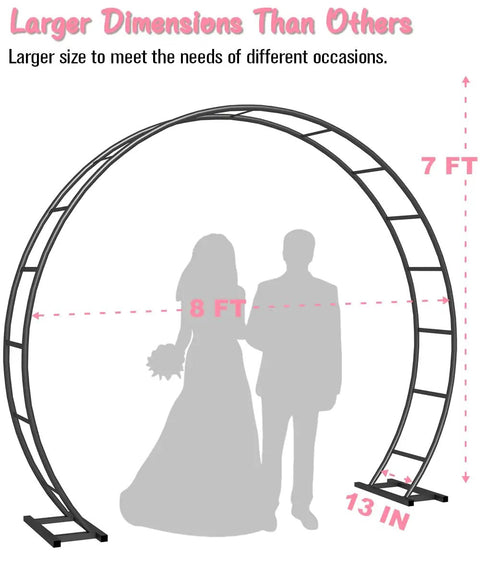 Metal Arch Backdrop Stand 8 Ft Wide 7 Ft High for weddings with silhouette of couple for size comparison.