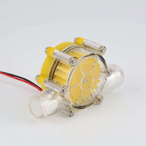 Water Turbine Micro Hydroelectric Power Generator For DIY Off Grid Charging LED Lighting And Devices DC Up To Eighty Volts Ten Watt Output No Internal Regulator Great For Charging Small Batteries And Phones, compact yellow and clear casing