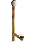 Heavy Duty Toe Tap Bathtub Drain With Slick French Gold Brass Finish One And A Half Inch Opening Adjustable From Fourteen To Twenty Inches Hands Free Plug For Hotels And Home Baths Plumber Approved - close-up view of the drain with foot pedal.