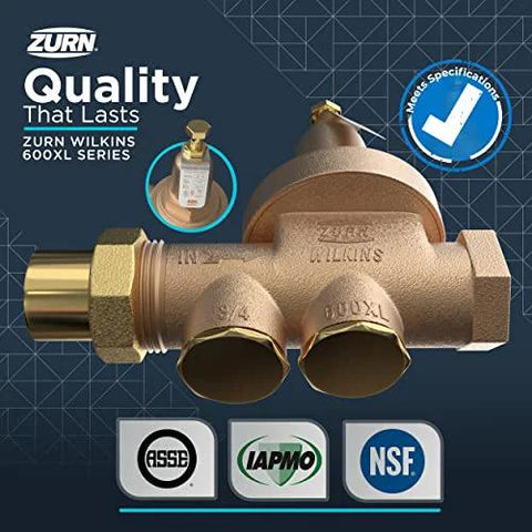 Front view of Zurn Wilkins 2-600XL 2-inch brass pressure reducing valve with side ports and ASSE/IAPMO/NSF logos.