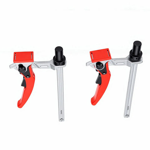 Two metallic One Hand Ratchet Bench Dog Clamps for Woodworking, Five Eighths Inch Grab And Go Hold Down Clamp for workbench use.