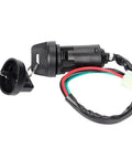 Replacement Ignition Key Switch With Cap For 50cc To 250cc ATV Dirt Bike And Electric Scooter Includes 2 Keys, Easy Install, Rugged Lock Cylinder, Fits Most Small To Mid Size Displacement Models, Ready To Roll. Black 4-wire ignition switch with cap, keys, and connector