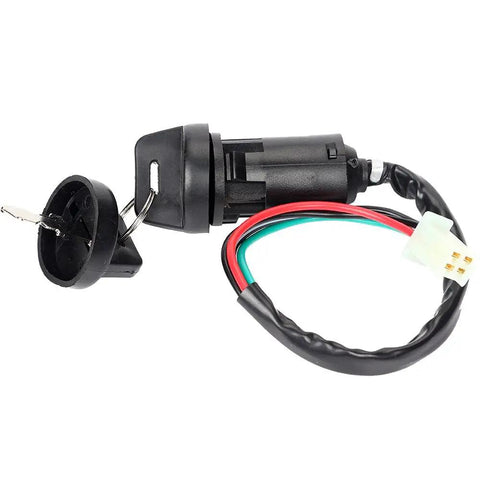Replacement Ignition Key Switch With Cap For 50cc To 250cc ATV Dirt Bike And Electric Scooter Includes 2 Keys, Easy Install, Rugged Lock Cylinder, Fits Most Small To Mid Size Displacement Models, Ready To Roll. Black 4-wire ignition switch with cap, keys, and connector