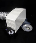 Heavy Duty Desktop Smoke Absorber For Soldering With Flexible Hose, white unit expelling smoke, connected to a control panel.