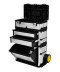 Rolling Three Part Toolbox Kit With Easy Grip Handle, Mobile Organizer On Wheels For Tools, Hardware, And Crafts; Includes Tray, Two Drawers, And Large Bottom Compartment For Quick Access, shown open with compartments visible.