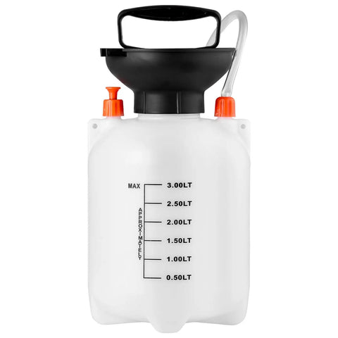 Heavy Duty Manual Transmission Fluid Transfer Pump Featuring Five Liter HDPE Tank with measurement markings for fluid levels.