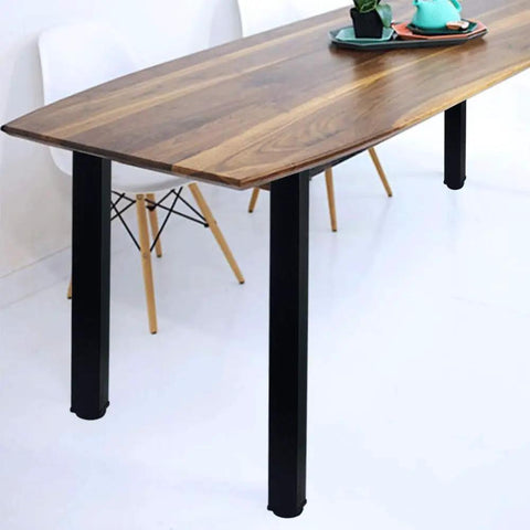 Wood table with 28 Inch Square Adjustable Metal Table Legs With Leveling Feet, black finish, ideal for industrial desks, DIY furniture.