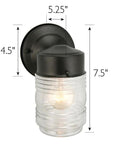Classic Jelly Jar Outdoor Wall Light dimensions 5.25"x4.5"x7.5" in matte black steel and ribbed glass.