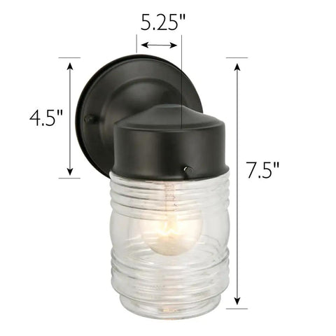 Classic Jelly Jar Outdoor Wall Light dimensions 5.25"x4.5"x7.5" in matte black steel and ribbed glass.