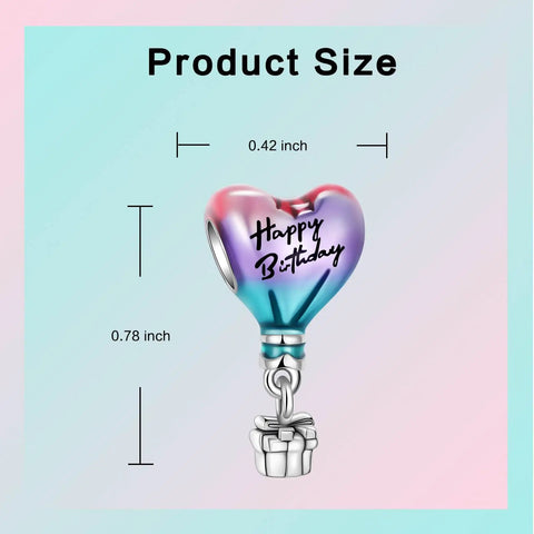 Hot Air Balloon Happy Birthday Dangle Charm In 925 Sterling Silver With Pink Purple And Blue Enamel So Cool Bracelet Necklace Pendant Bead Jewelry Gift For Women Family Friends, heart-shaped balloon size details