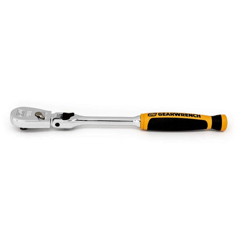 Automotive 90 Tooth Locking Flex Head Ratchet Set With 4 Degree Swing And Teardrop Low Profile Head Flush On Off Switch For Tight Spots 9 Locked Positions Or Free Angles Dual Material Comfort Grip One Size, side view