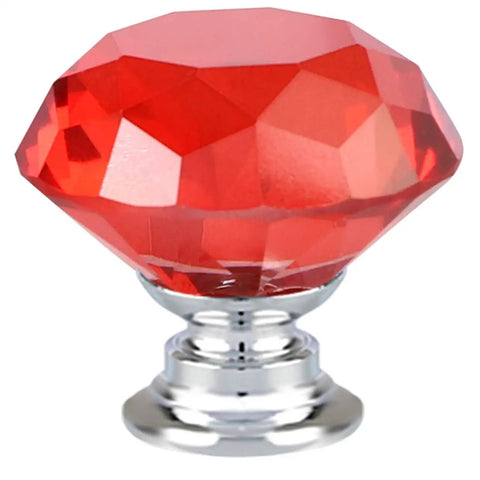 Top Shelf Red Diamond Cut Crystal Glass Cabinet Knobs Slick 30mm Drawer Pull Handles With Shiny Chrome Base and Mounting Screws