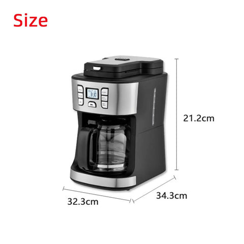 Compact 2 In 1 Espresso And Drip Coffee Maker With Built In Grinder Semi Automatic Brewing Setup measurement image showing dimensions.