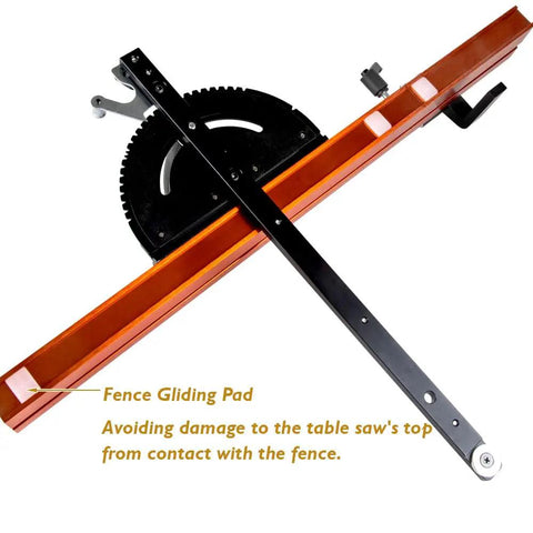 Next Level Miter Gauge with 22-to-36-Inch Extension Fence, showing fence gliding pad and angle adjustment feature.