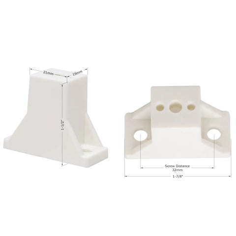 White Plastic Cabinet Drawer Slide Side Spacers With Screws One And Half Inch For Kitchen Cupboards, measuring 1.5 inches, side view.