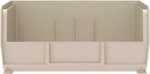 Front view of stackable plastic storage bin, stone color, for garage pantry craft organization, 11x11x5 inches, 6 pack.