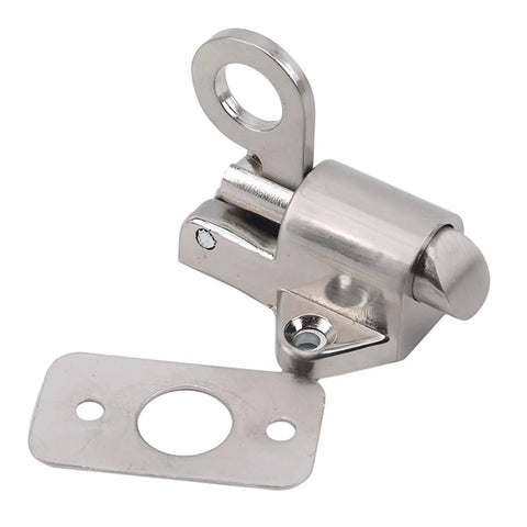 Spring Loaded Bolt Latch for Security Door Gate Zinc Alloy Pull Ring Lock with a round pull ring and flat mounting plate.
