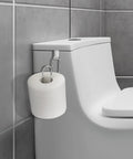 Over The Tank Toilet Paper Holder Chrome Finish Hang Anywhere Space Saving Easy Install Multipurpose Toilet Paper Roll Holder For Bathroom And RV Fits Small Spaces Durable Metal Construction No Drill Mount. Shown installed on bathroom toilet tank.