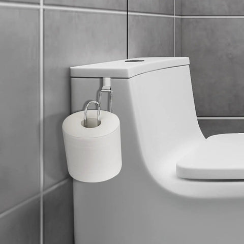 Over The Tank Toilet Paper Holder Chrome Finish Hang Anywhere Space Saving Easy Install Multipurpose Toilet Paper Roll Holder For Bathroom And RV Fits Small Spaces Durable Metal Construction No Drill Mount. Shown installed on bathroom toilet tank.