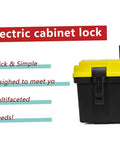 Electric cabinet lock with text "Quick & Simple, Desighed to meet yo, Multifaceted Needs!" and yellow toolbox side view.