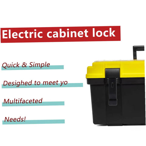 Electric cabinet lock with text "Quick & Simple, Desighed to meet yo, Multifaceted Needs!" and yellow toolbox side view.