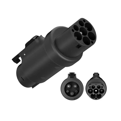 Heavy Duty Portable EV Charger Adapter Converting Type Two Ports To J1772 Plugs For Hella Fast 7KW DC Charging close-up view of black adapter