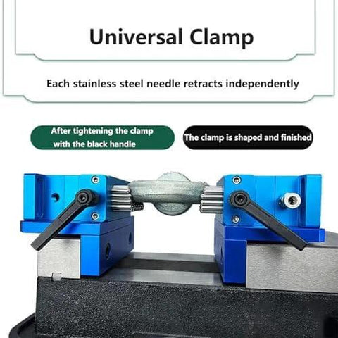 Adaptive Stainless Steel Fixture Clamps With 6mm Pins and 21mm Stroke in use, holding an irregular part securely for machining.