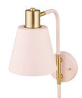 Cleo 1 Light Wall Sconce with plug-in or hardwire setup, blush pink finish with matte brass accents, black cloth cord.