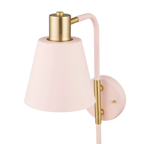 Cleo 1 Light Wall Sconce with plug-in or hardwire setup, blush pink finish with matte brass accents, black cloth cord.