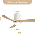 42" Low Profile Ceiling Fan with Light, Matte White Wood Blade Flush Mount Fan dimensions showing 42" width and 7" height.