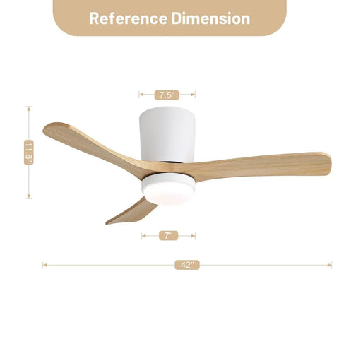 42" Low Profile Ceiling Fan with Light, Matte White Wood Blade Flush Mount Fan dimensions showing 42" width and 7" height.