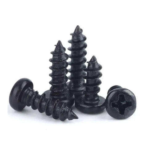 200 Piece Assortment Kit Black Carbon Steel Round Head Cross Drive Self Tapping Screws M1 To M3 Metric Sizes stacked showing detail