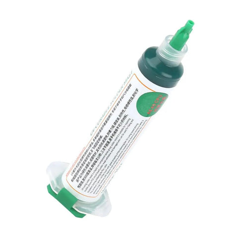 Green Light-Curing Solder Mask Ink for PCB repairs in syringe tube, ideal for phone PCBs and electronics board insulation