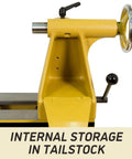 Powermatic 20x20 woodworking lathe, yellow headstock with handwheel (side view)