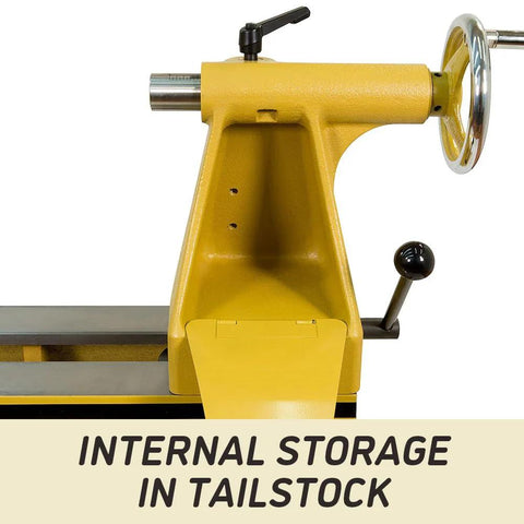 Powermatic 20x20 woodworking lathe, yellow headstock with handwheel (side view)