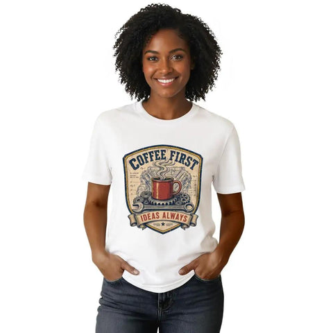Awesome Vintage Engineer Blueprint Tee With Wrench And Coffee Mug Design For Garage Makers, 100 Cotton Unisex Classic Fit Shop Shirt, white t-shirt with coffee mug graphic.