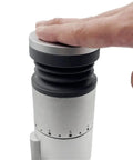 Heavy Duty Coffee Grinder Air Blow Bellow Compatible With Single Dose Hoppers Quick Press Cleanup Tool, top view with hand pressing