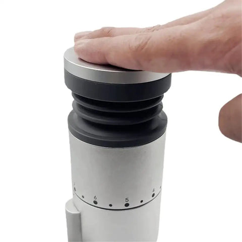 Heavy Duty Coffee Grinder Air Blow Bellow Compatible With Single Dose Hoppers Quick Press Cleanup Tool, top view with hand pressing