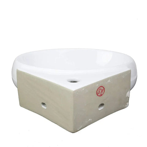 Corner Wall Mounted Bathroom Sink White 14.5 Inch With Overflow, Space Saving Basin, angled front view showing overflow hole.