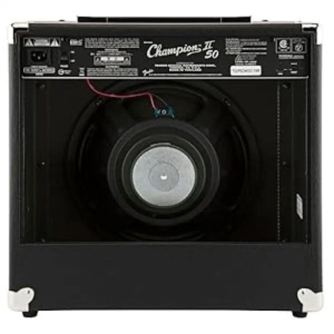 Back view of Champion 50 II Guitar Amplifier Bundle With 13 Foot Joe Strummer Instrument Cable, showing connections and speaker inside.