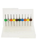 2.1 To 3.0 mm Mini Drill Bit Set For PCB Drilling, Ten Pack With 3.175 mm Shank, displayed in colorful holders.