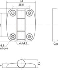Technical diagram of 49mm x 44mm x 14mm Nylon Butt Hinge Surface Mount Free Swinging 180 Degree Range Matte Black Door Hinge for G6 0 1 Replacement.