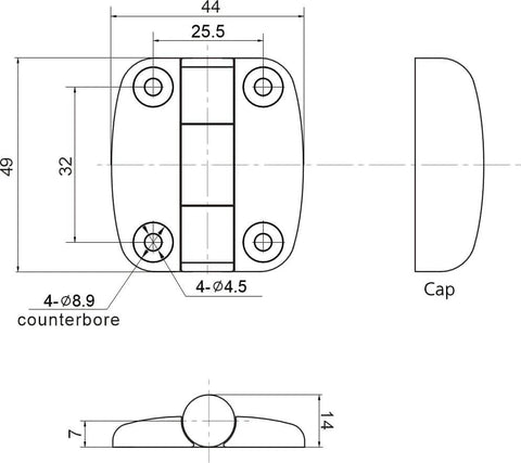 Technical diagram of 49mm x 44mm x 14mm Nylon Butt Hinge Surface Mount Free Swinging 180 Degree Range Matte Black Door Hinge for G6 0 1 Replacement.